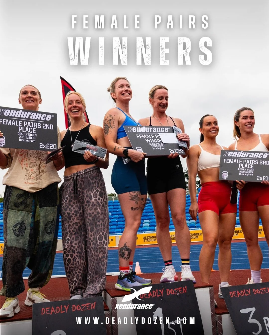 💀 Deadly Dozen Birmingham &ndash; Female Pairs Champions 💀

@xendurance_eu Female Pairs Podium

🥇 Louise &amp; Kate &ndash; 42:50 (Age 40&ndash;49)
🥈 Lindsey &amp; Holly &ndash; 43:13 (Age 30&ndash;39)
🥉 Ashleigh &amp; Samantha &ndash; 45:11 (Ag