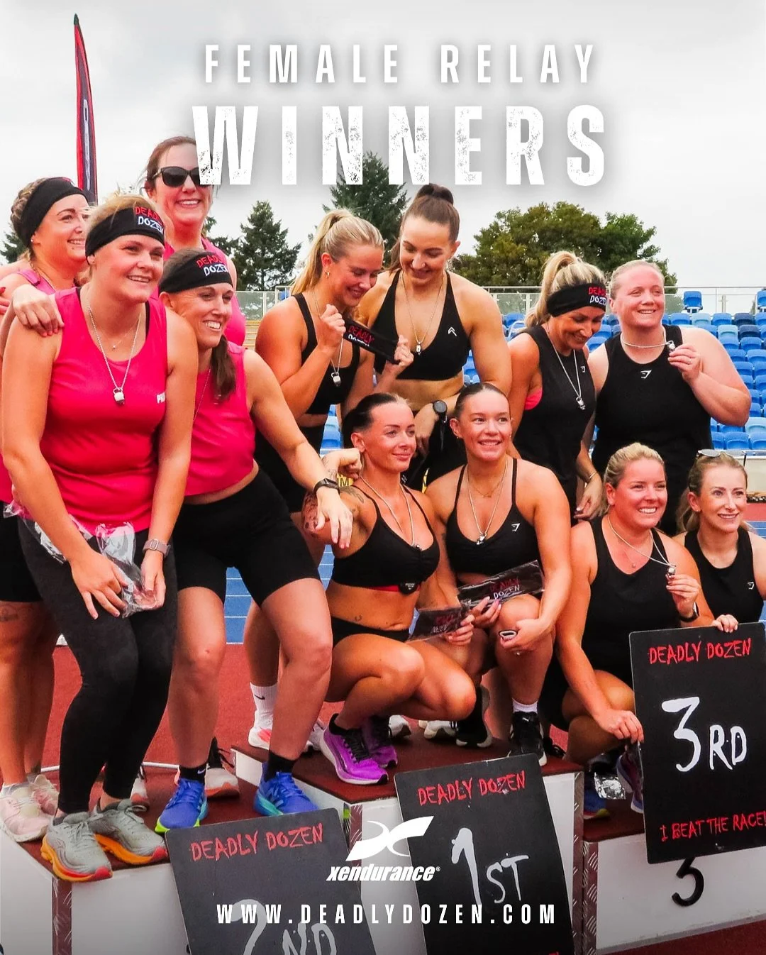 💀 Deadly Dozen Birmingham &ndash; Female Relay Winners 💀

A great showing from all teams in the Female Relay at Alexander Stadium. Congratulations to the top three:

@xendurance_eu Female Relay Podium

🥇 HX1 Girls &ndash; 47:48 (30&ndash;39)
🥈 Pr