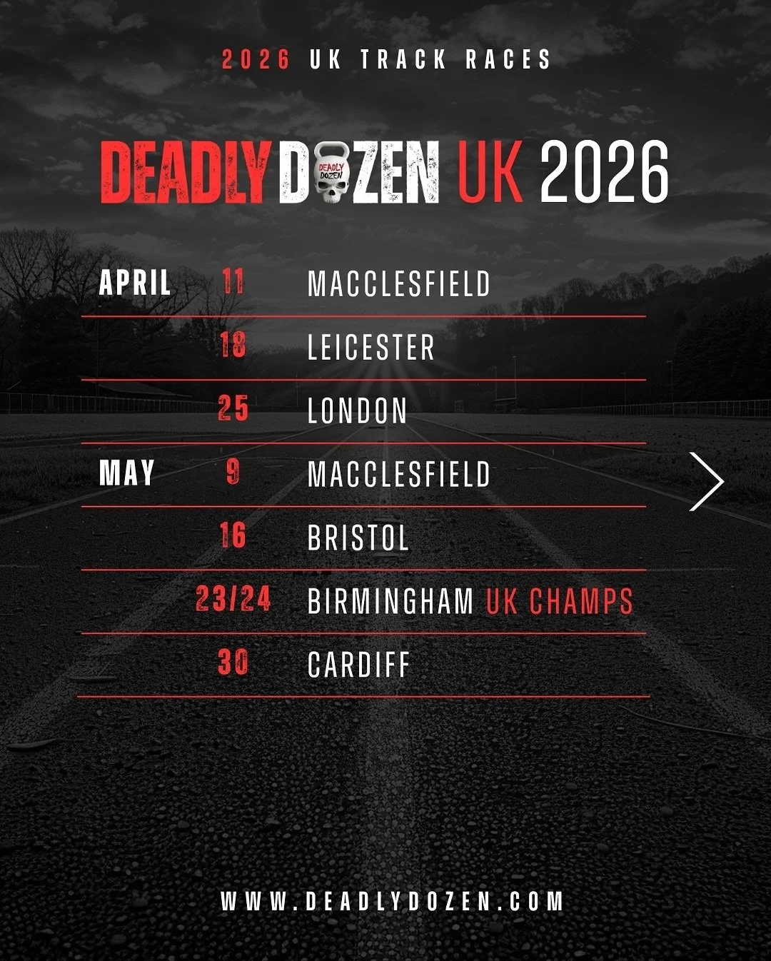 2026 UK race season is selling out fast 😮&zwj;💨

Secure your spot now 💥

📅 FULL 2026 RACE CALENDAR

APRIL
11 &ndash; Macclesfield
18 &ndash; Leicester
25 &ndash; London

MAY
9 &ndash; Macclesfield
16 &ndash; Bristol
23/24 &ndash; Birmingham (UK C
