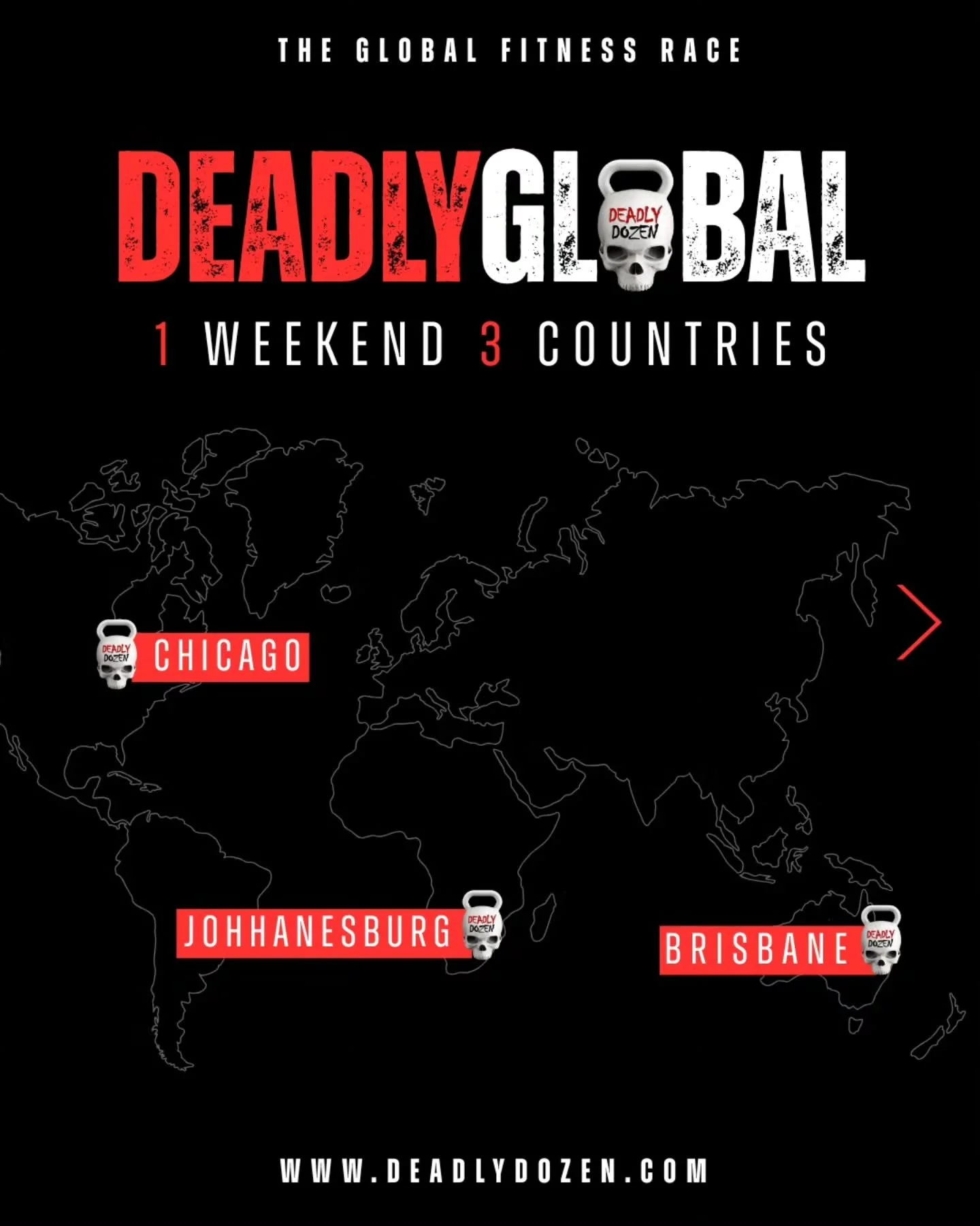 🌎1 Weekend - 3 Countries❗️
-
💀Deadly Dozen - a truly global fitness race.
-
🇿🇦Johannesburg 🇺🇸Chicago 🇦🇺Brisbane
-
Where next❓️
-
Go to www.deadlydozen.com to sign up to any of our races worldwide.
-
#deadlydozen #fitness #fitnessracing