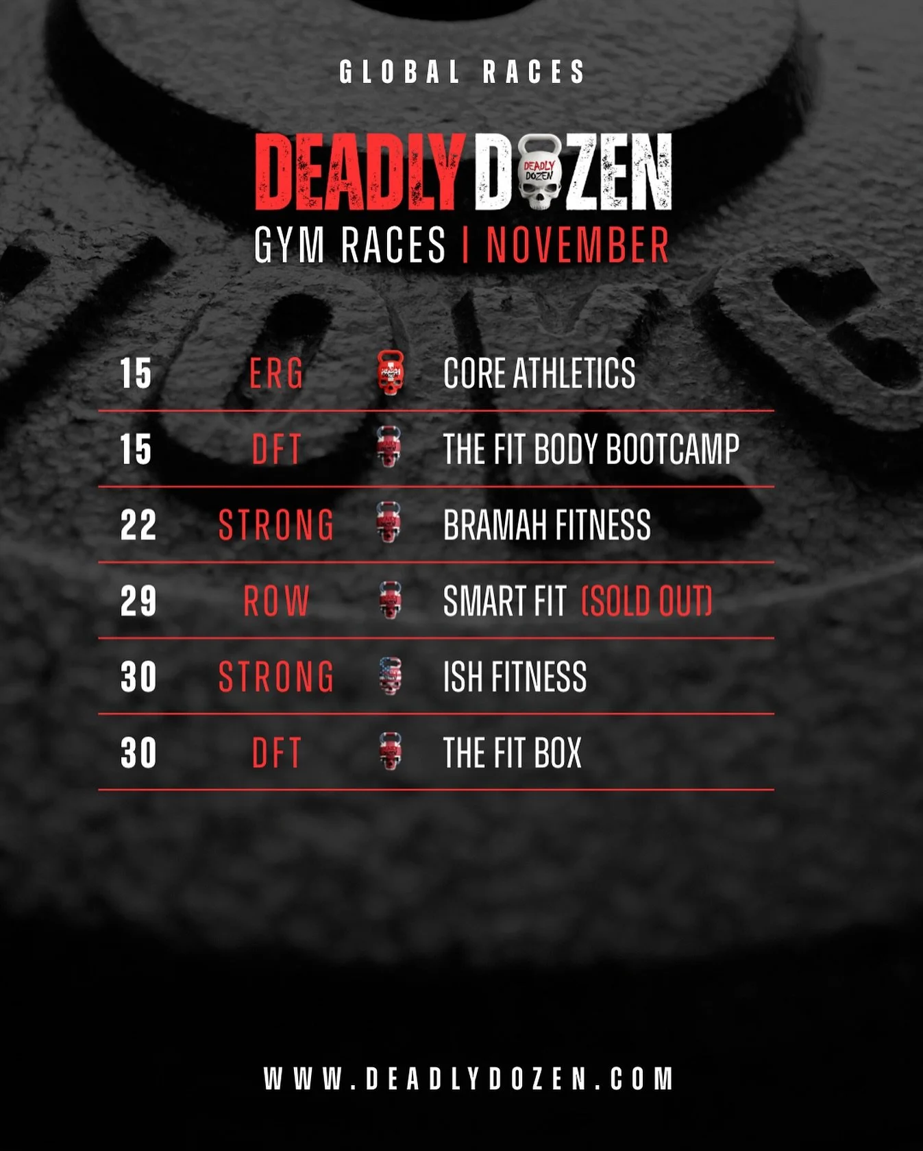 Looking for your next gym race? 🔥

November&rsquo;s Deadly Dozen Gym Race Series is here 💪

🏋️&zwj;♂️ Global Races | November Line-Up:
📅 15 Nov &ndash; ERG @ Core Athletics
📅 15 Nov &ndash; DFT @ The Fit Body Bootcamp
📅 22 Nov &ndash; STRONG @ 