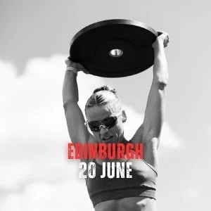 A woman holding a large round frisbee above her head outdoors, wearing sunglasses and a sleeveless top, with clouds in the sky. Overlay text reads 'EDINBURGH 20 JUNE' in red and white.
