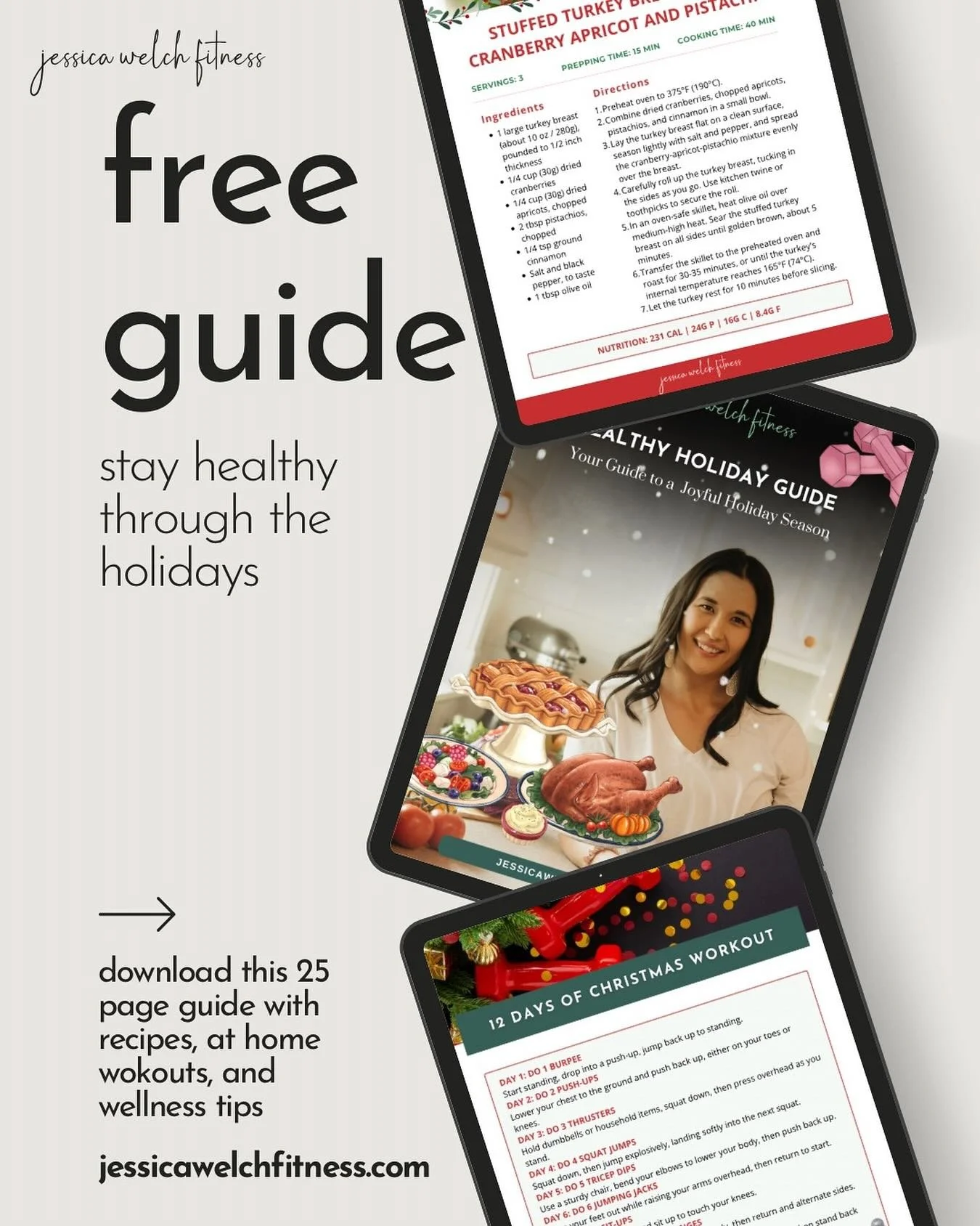 Download your FREE Healthy Holiday Guide! 🎄
For the busy moms who want to keep movement, family time and sanity while enjoying the season, this one is for you! 

This 25 page e~book has simple workouts, healthy recipes, wellness tips and realistic w