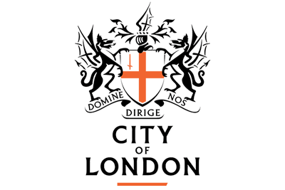 The emblem of the City of London featuring a shield with a red cross and a red sword, surrounded by two dragons, with a crown and banners, and the text 'City of London' beneath.