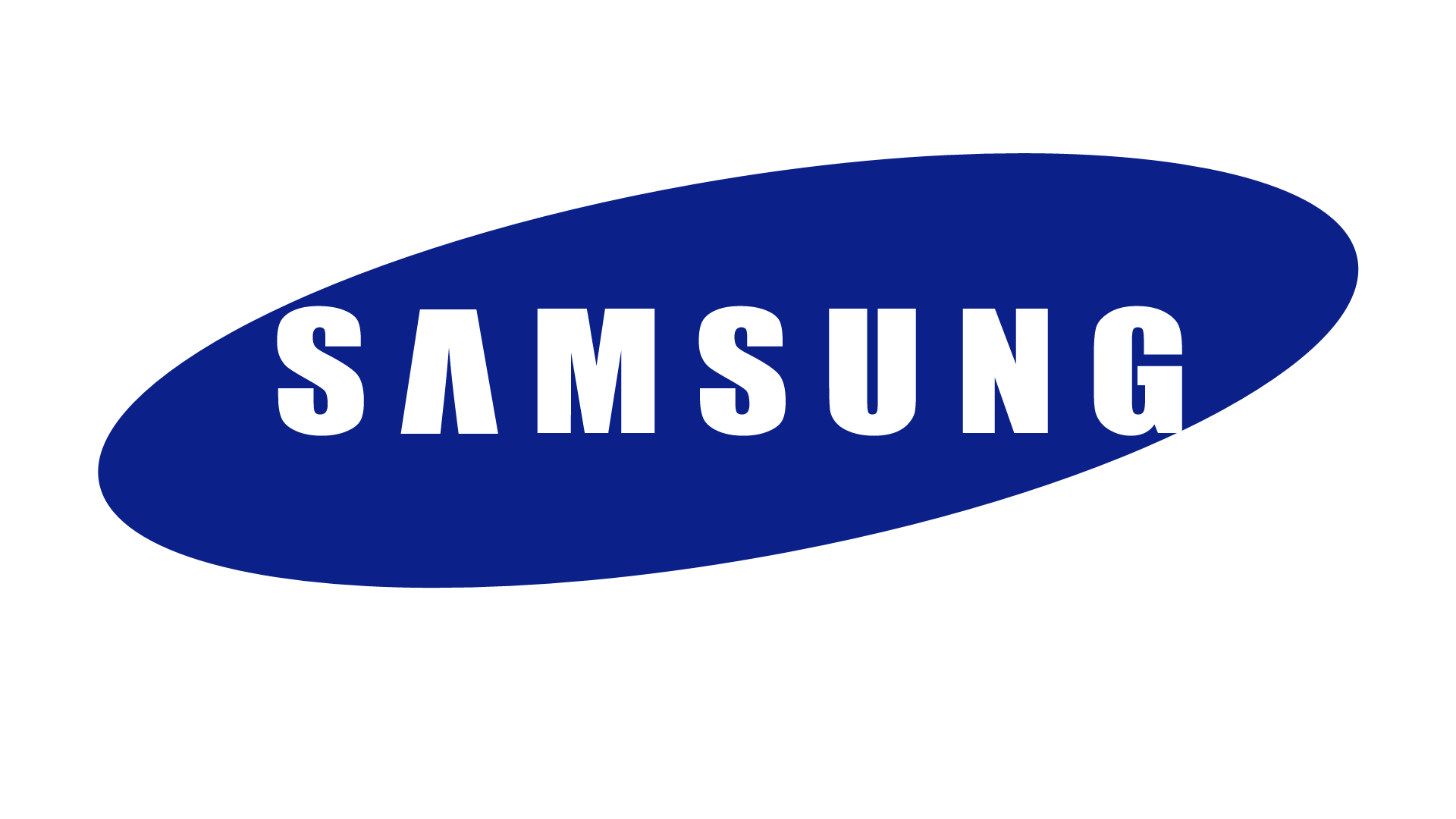 Samsung logo with white text on a dark blue elliptical background.