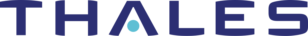 Thales logo in blue letters with a blue dot inside the letter A.