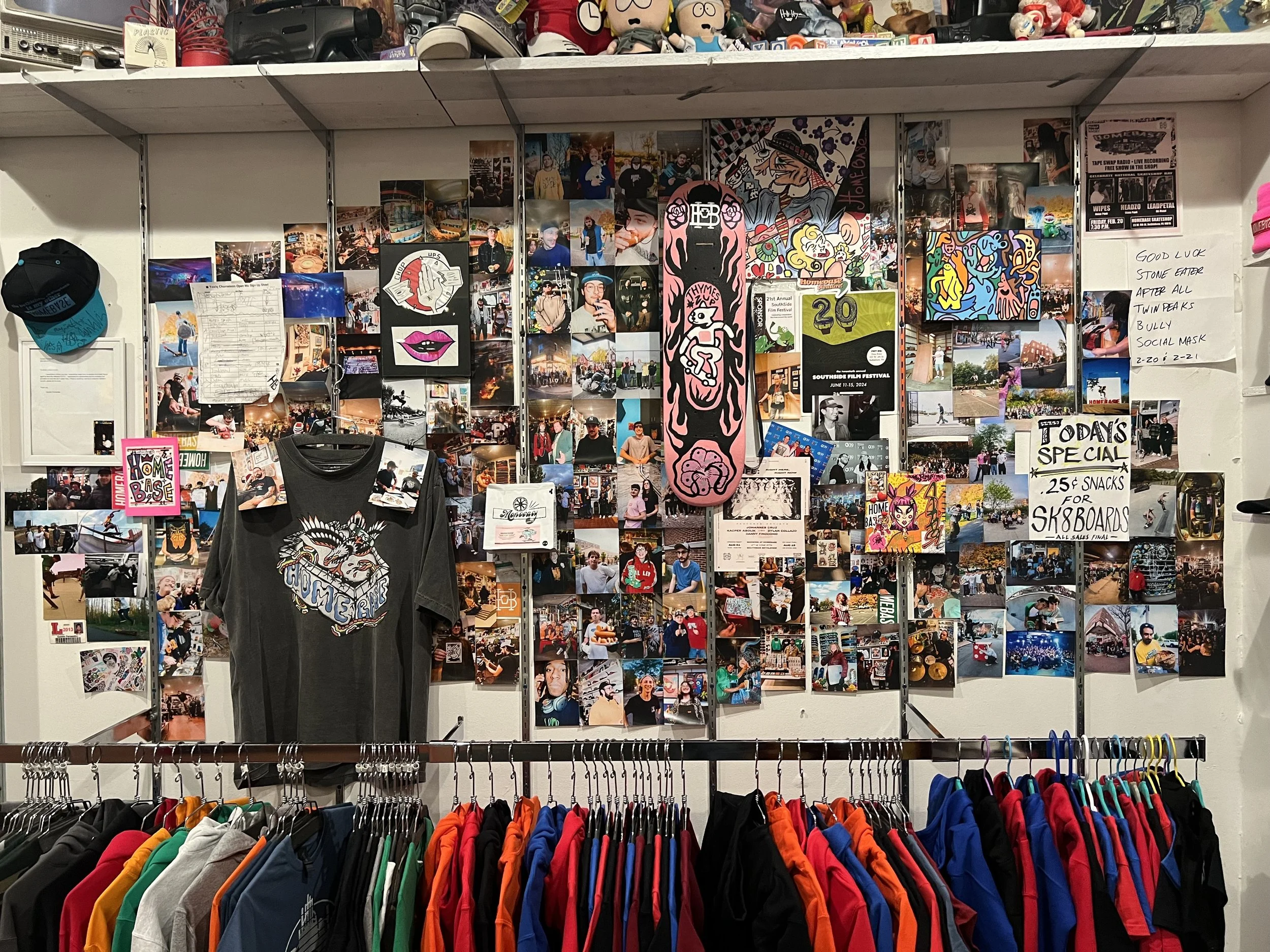Bethlehem's Homebase Skateshop's photo wall in celebration of Skate Shop Day. Aidan Wilson, an employee and Push Ahead instructor, helped set up the wall to honor the store's community roots.
