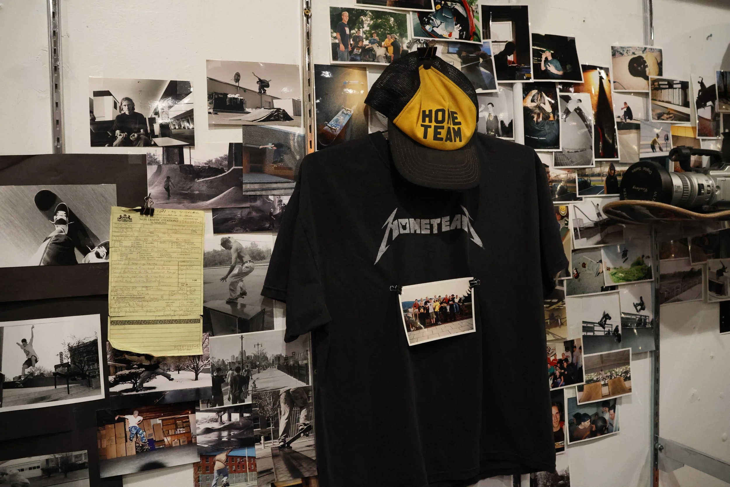 The “Home Team Art Show” sits above a clothing rack at the Homebase Skateshop, located in South Bethlehem. The collage depicts the store founder Andy Po’s journey with the skate shop. (Luke Kaiser/B&W Staff)