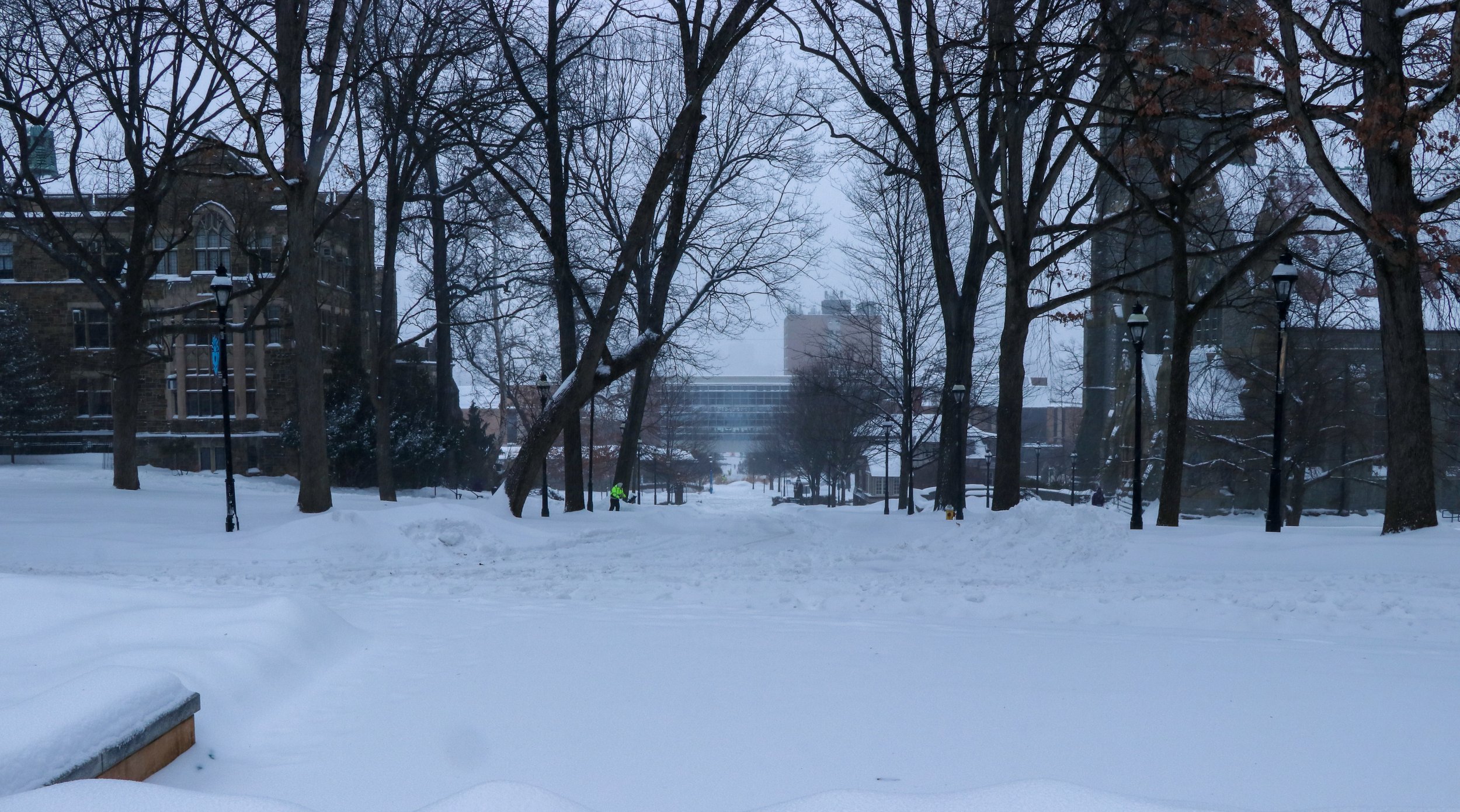 Memorial Walkway is pictured covered in snow after accumulation from a major storm canceled classes. (Luke Kaiser/B&W Staff)