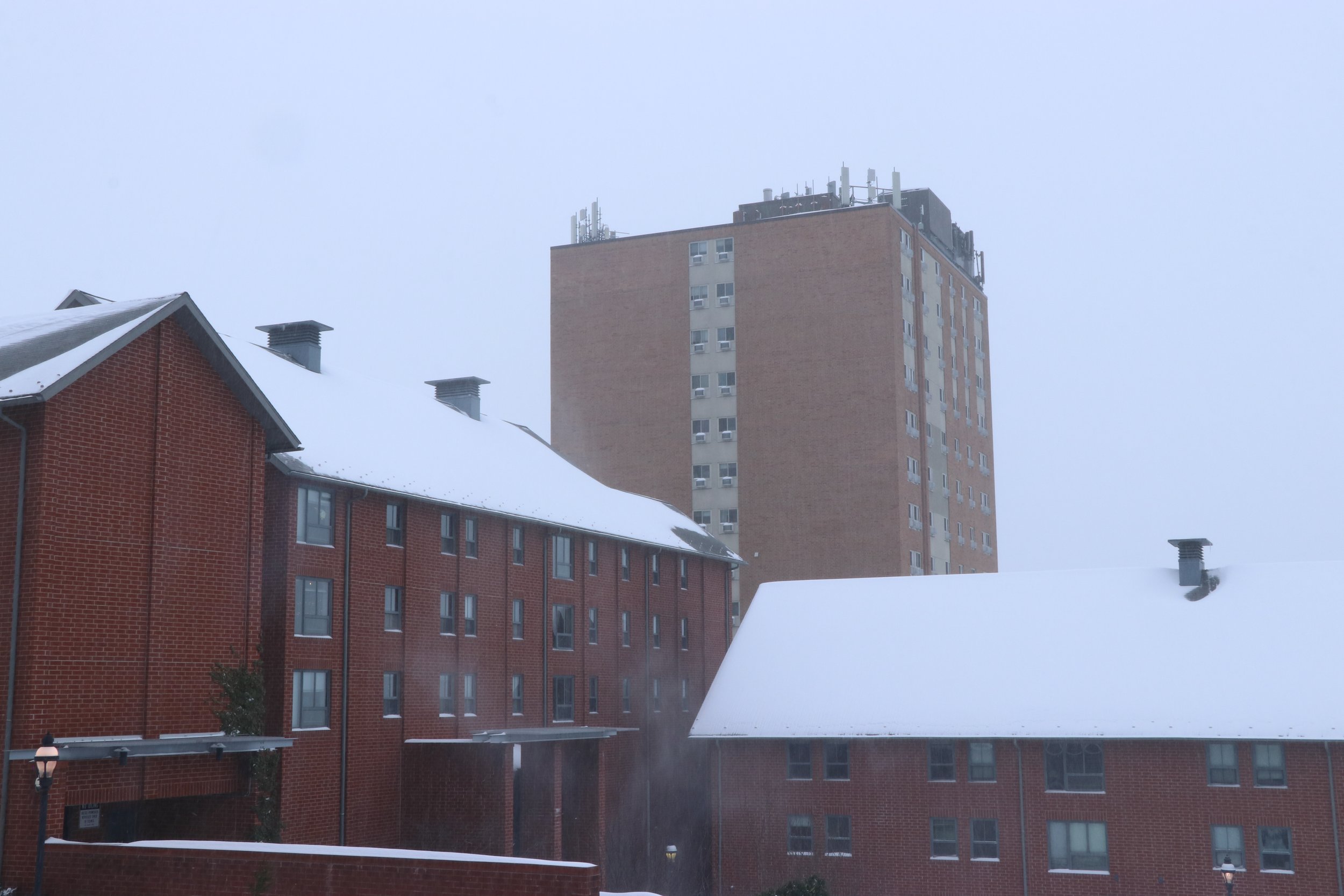 The roofs of Farrington Square, blanketed in snow, are pictured on Sunday. Lehigh stated in an email that classes were moved to a remote schedule on Monday due to the timing and expected accumulation of snow. (Luke Kaiser/B&W Staff)
