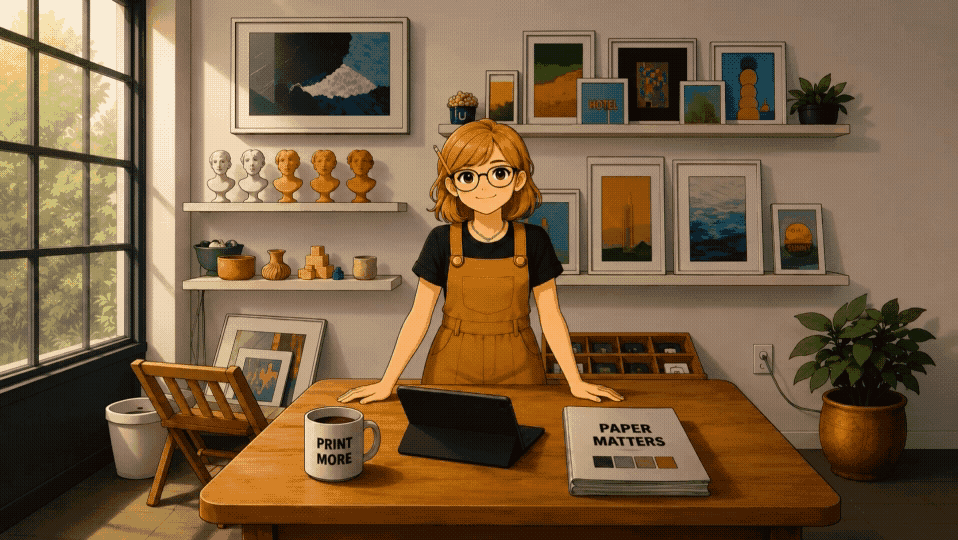 PrintQuest — the IMPRESO studio guide waves hello in her 8-bit print shop