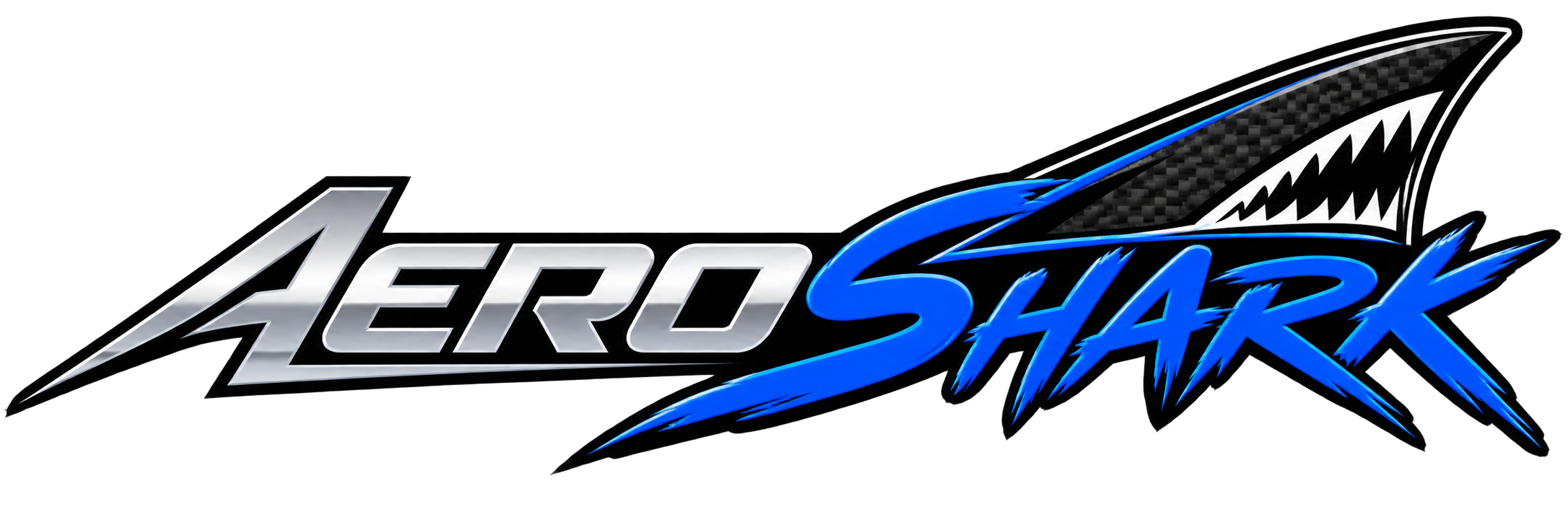Logo for Aero Shark with stylized text and a shark fin graphic in black, blue, white, and gray colors.