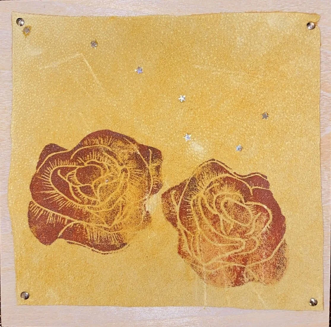 Lovers Quenched, Thank You Big Dipper  ·
ink, acrylic, star dazzle, charcoal on lambskin ·           
5 x 5” · 2022