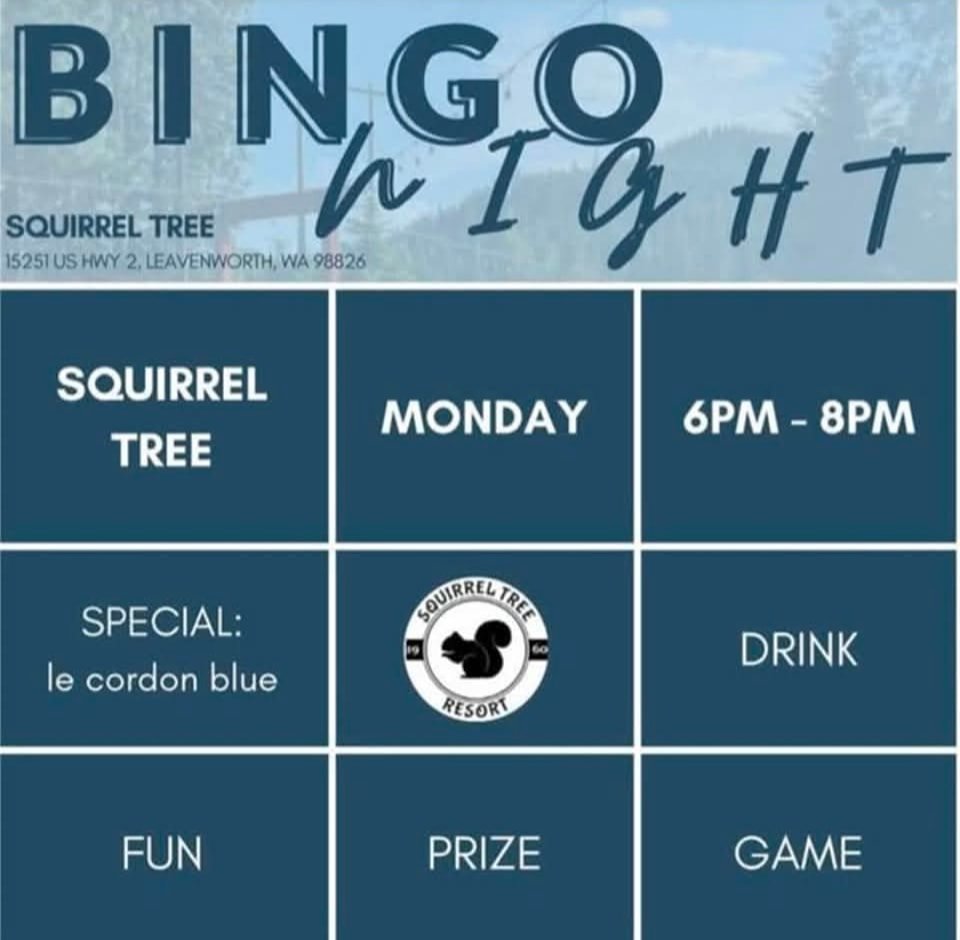 🗂️ Bingo. Bar. Squirrel Bucks! 

Monday nights at The Squirrel Tree Resort aren't quiet&hellip; they're competitive.
Join us 6&ndash;8 PM inside the bar for lucky cards, winning streaks, and a shot at Squirrel Bucks&mdash;your ticket to frosty bever