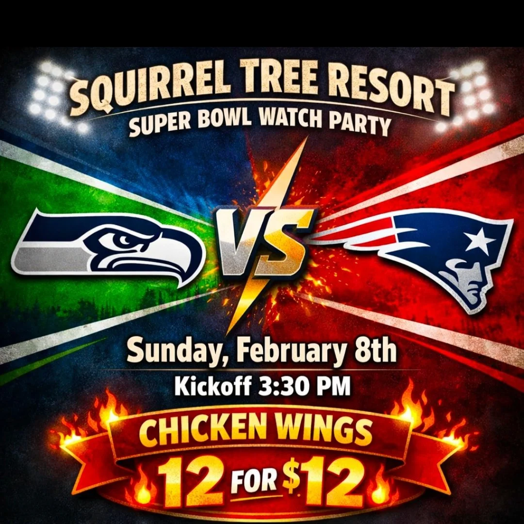 🚨🏈💥 IT&rsquo;S. THE. BIG. GAME. 💥🏈🚨
 SUNDAY &bull; FEBRUARY 8TH &bull; 3:30 PM
The SEATTLE SEAHAWKS are taking on the NEW ENGLAND PATRIOTS and THE SQUIRREL TREE RESORT is about to be the LOUDEST SPOT IN THE MOUNTAINS 🙌💚💙
📺 Tons of BIG SCREE