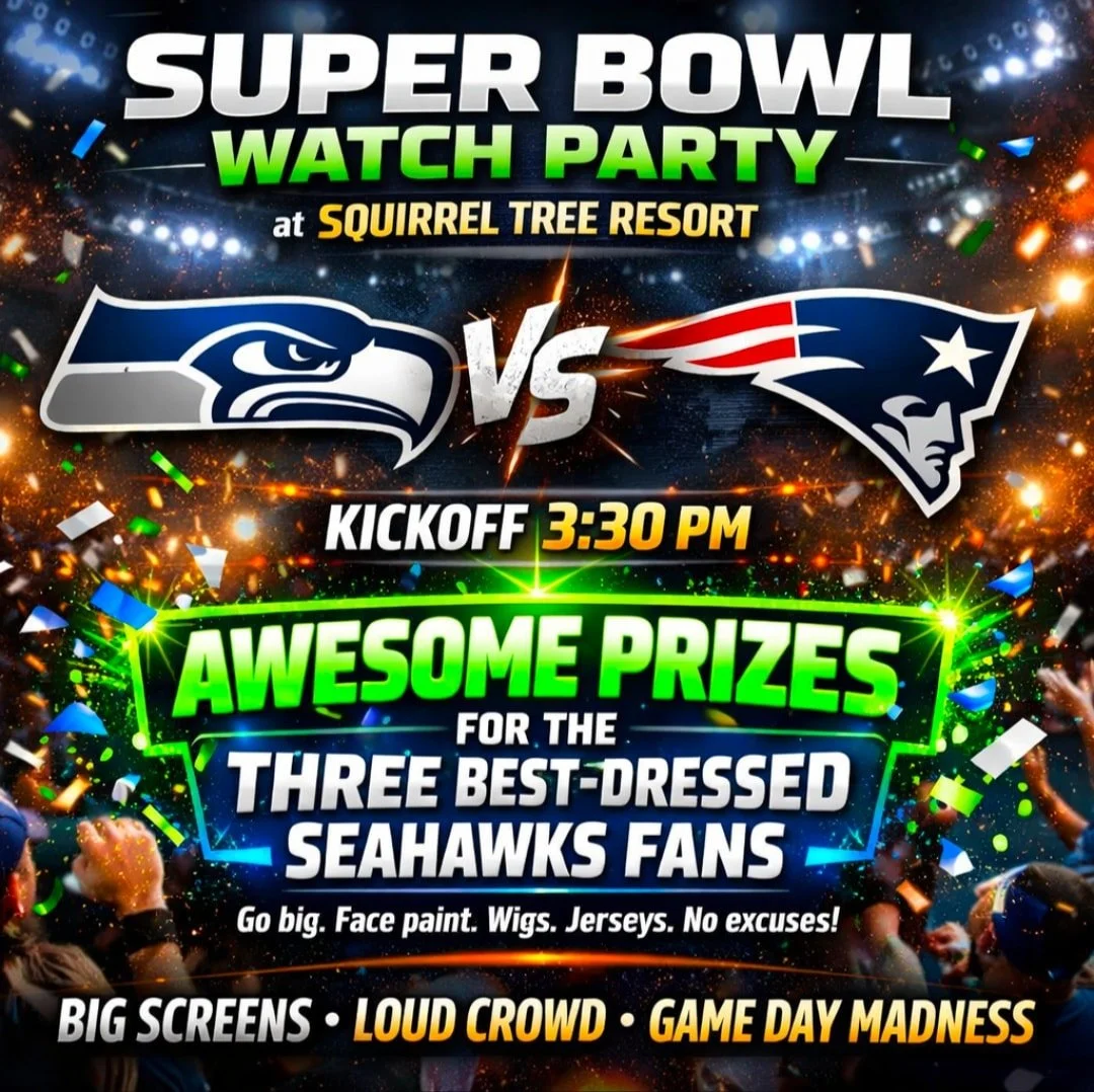 PRIZES. PRIZES. PRIZES. 🎉💥
We&rsquo;re 5 DAYS AWAY from the BIG GAME and it&rsquo;s about to get LOUD at Squirrel Tree Resort!
You&rsquo;ve still got time to get your Seahawks swag together &mdash; jerseys, wigs, face paint, flags, the FULL 12s ene