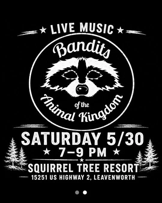 🎶 Saturday Night Live Music on the Lawn! 🎶
Join us Saturday, May 30, from 7&ndash;9 p.m. as Bandits of the Animal Kingdom takes the stage outdoors on the back lawn at The Squirrel Tree Resort!
Grab your friends, bring the family, and don't forget t