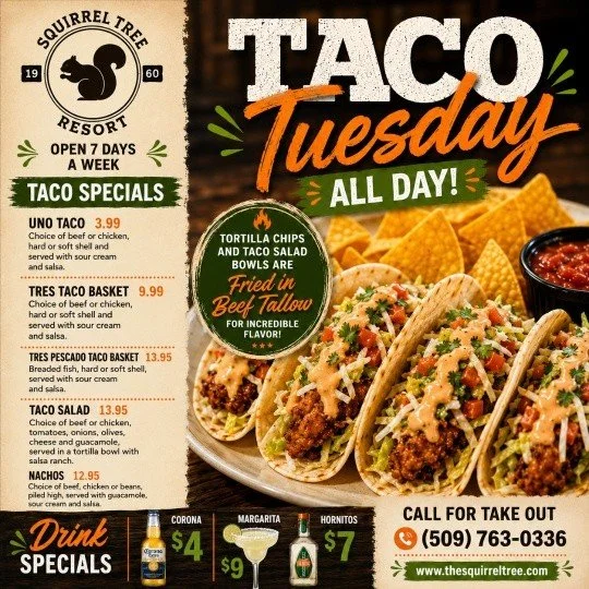 🌮 Taco Tuesday + Cornhole Tuesday! 🎯
Tacos all day, Cornhole at 6 p.m.!
Come enjoy delicious tacos, cold drinks, friendly competition, and a fun evening with great people at the Squirrel Tree Resort.
Bring a teammate or we'll help you find one. See