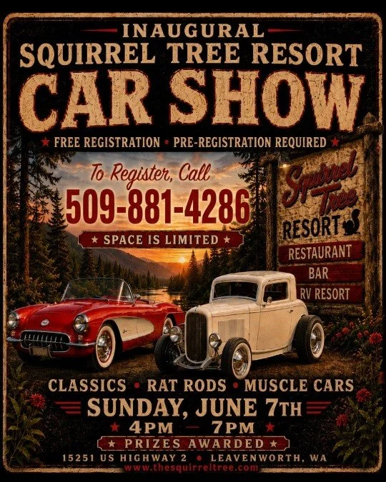 🚗 TODAY'S THE DAY! 🚗
(SUNDAY, JUNE 7TH) at the Squirrel Tree Resort!
Our pre-registered vehicles will be rolling in this afternoon, and we invite all car enthusiasts to come out and check out some incredible rides. From classics and muscle cars to 