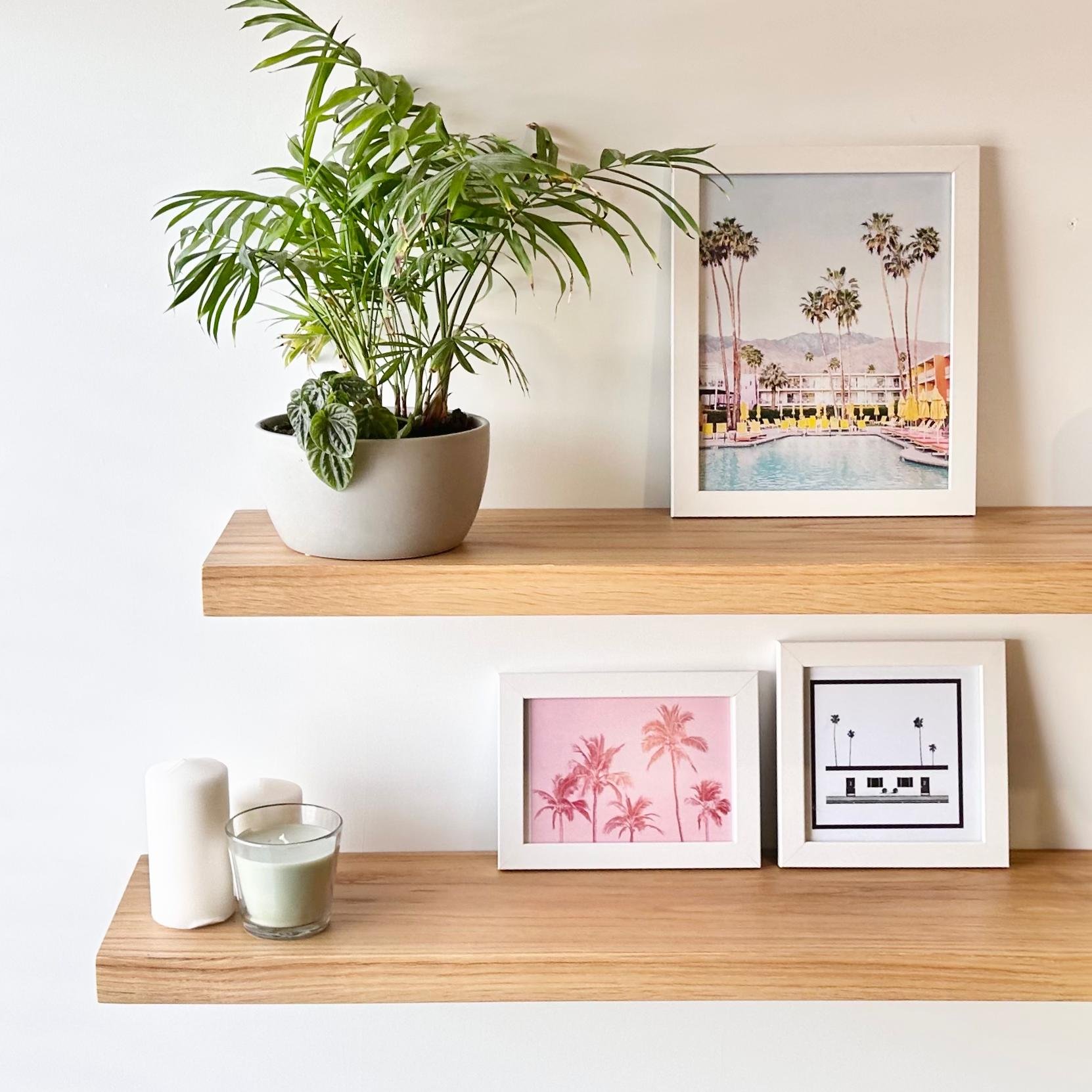 Custom American Oak shelves in multiple sizes and edges.