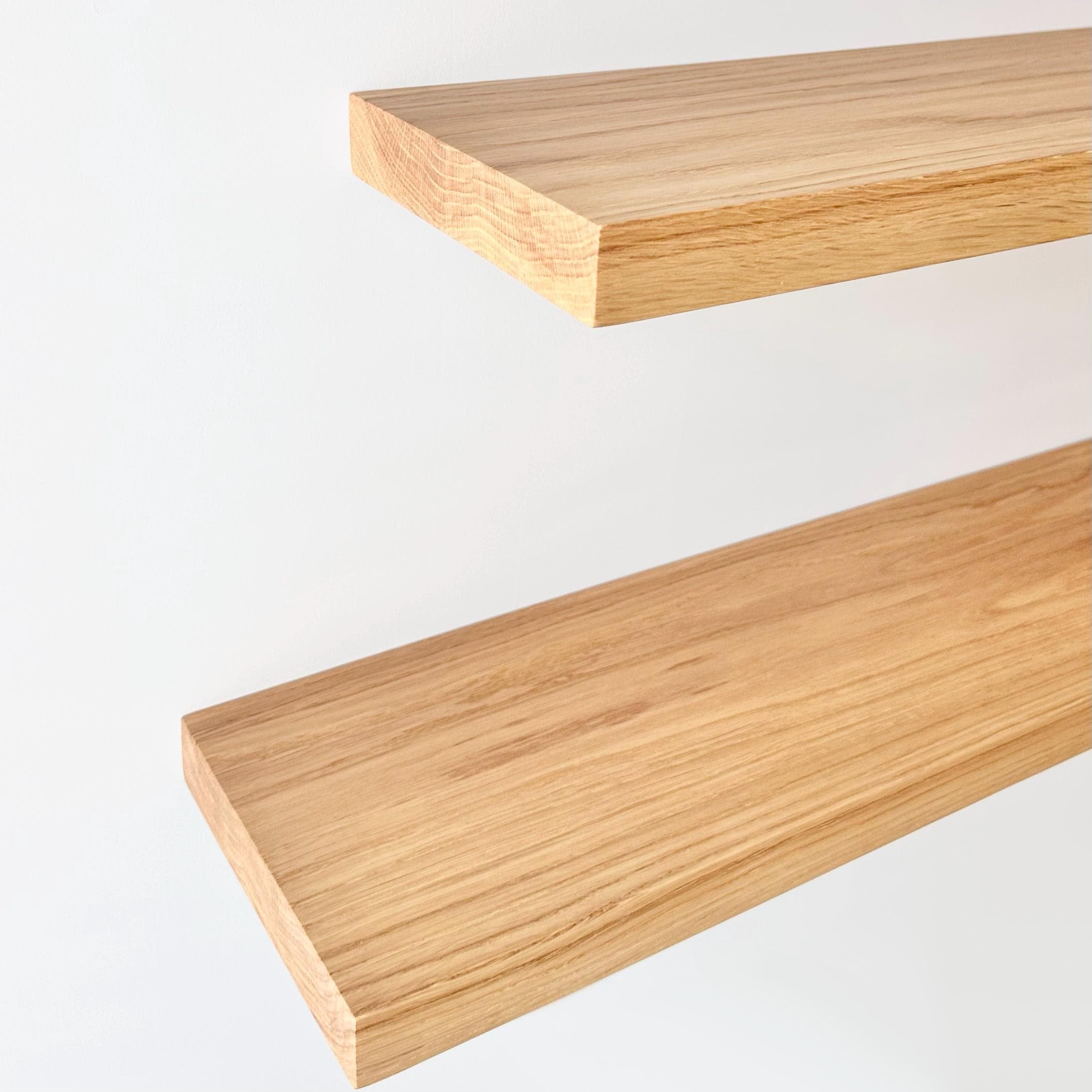 Custom American Oak shelves in multiple sizes and edges.