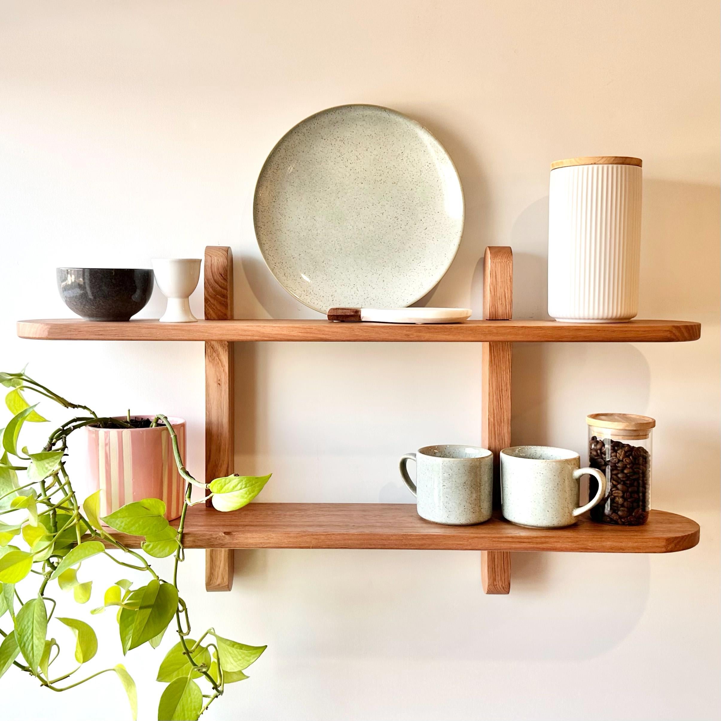 display shelf in oak showing decor