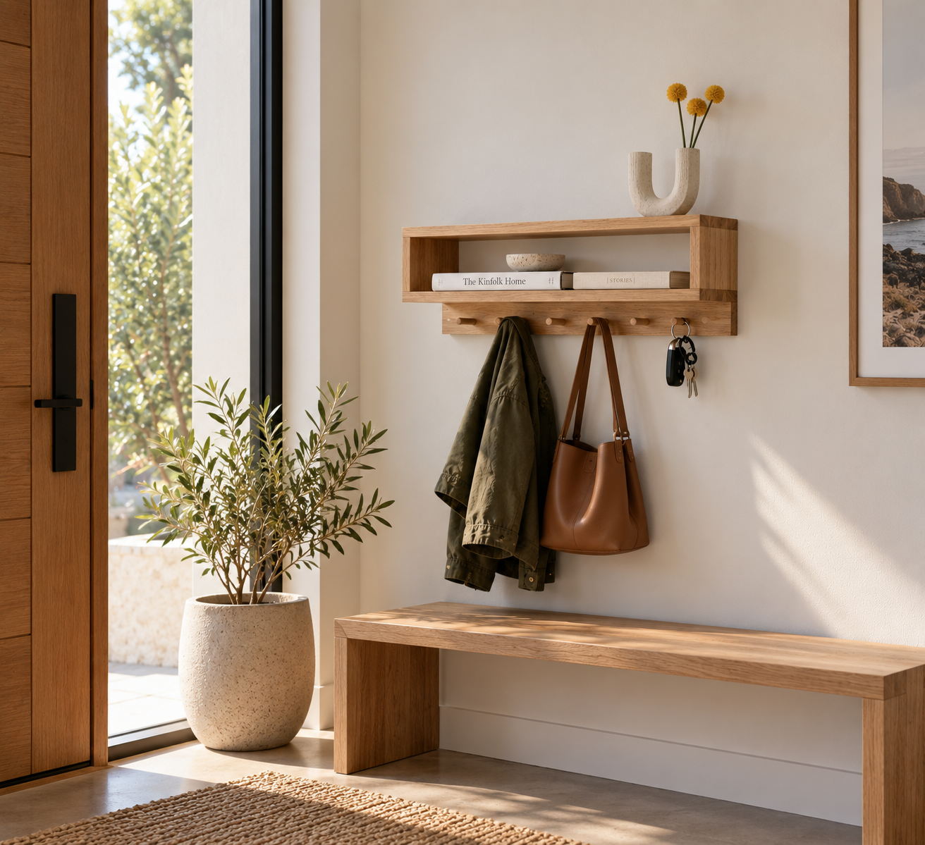 Warm Scandinavian Entryway with Wooden Peg Shelf.png