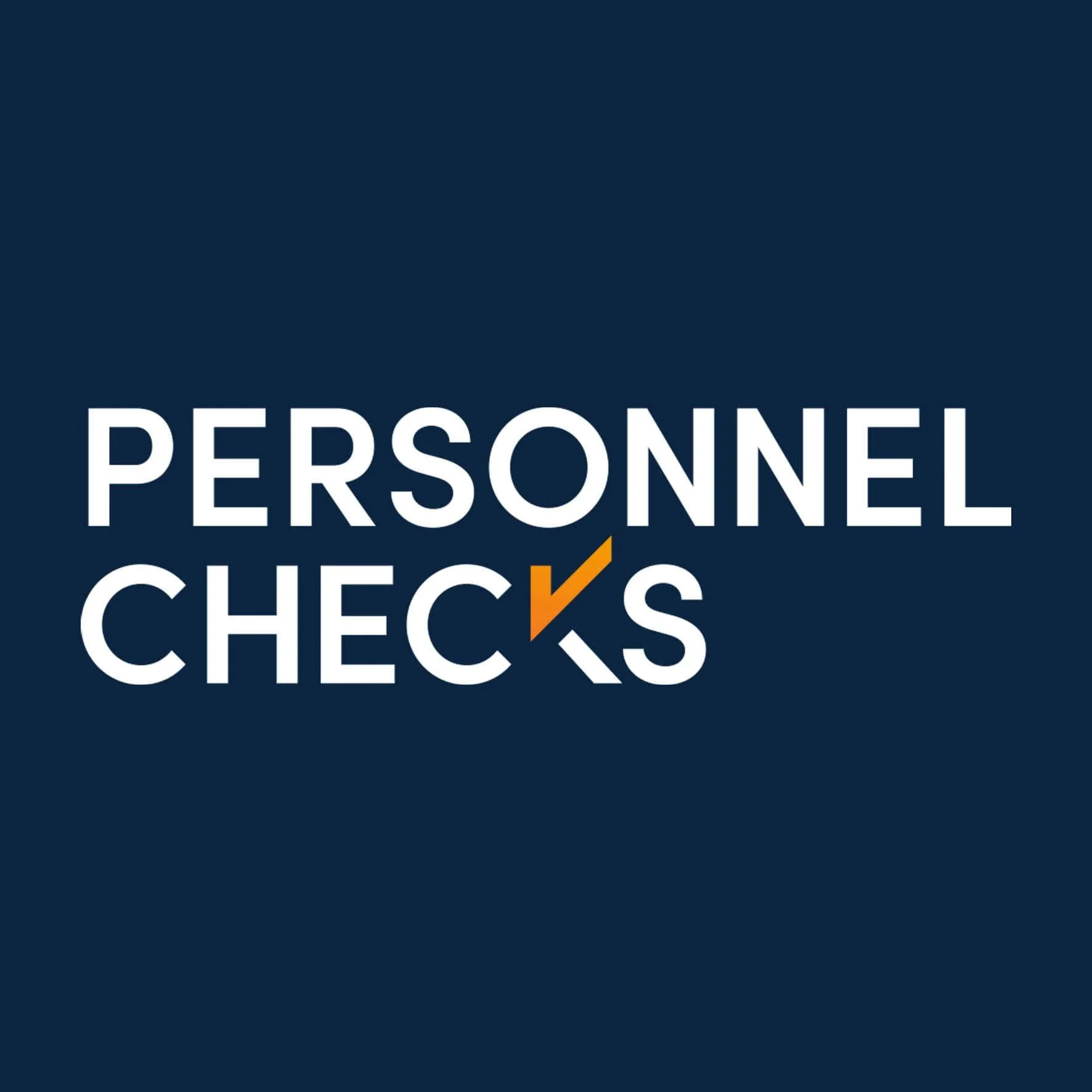 Logo of Personnel Checks with a navy blue background and white text featuring an orange tick in the letter K.