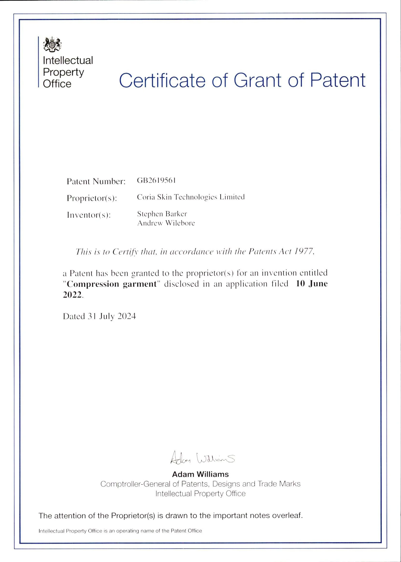 Official patent certificate issued by the Intellectual Property Office for an invention called 'Compression garment,' granted on July 31, 2024.