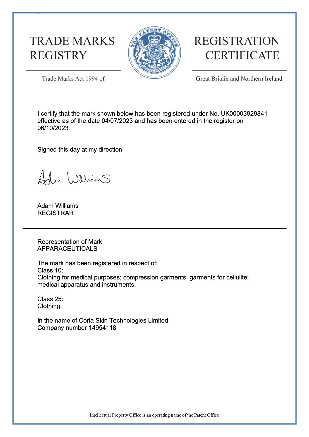 Trade marks registry registration certificate from the UK Patent Office, with official blue seal at the top center, main text certifying registration details, signature of registrar Adam Williams, and information about the registered mark for pharmaceuticals and apparel.