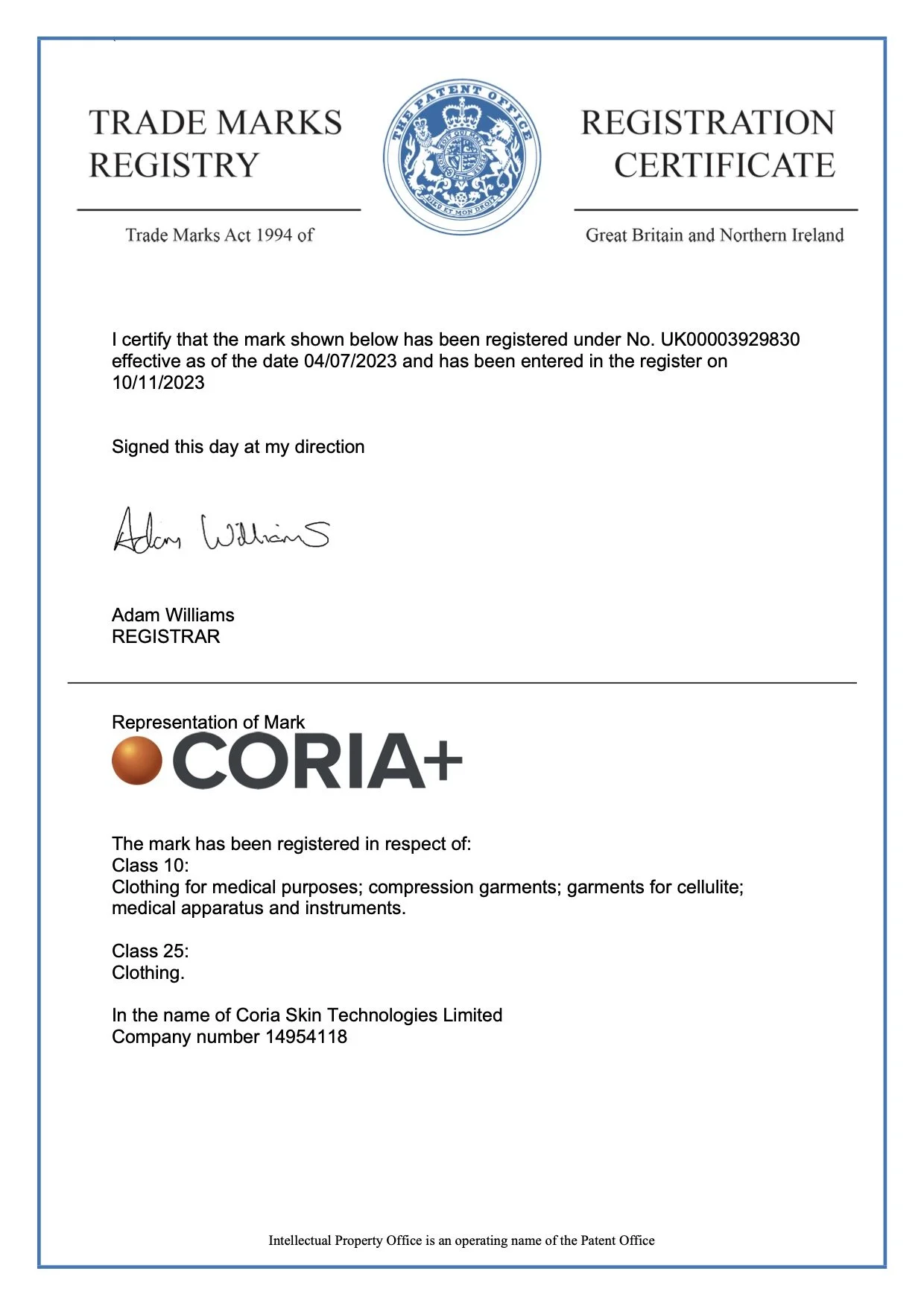A trade marks registration certificate issued by the UK Patent Office for the mark 'CORIA+', including details of registration, classes, and rights granted.