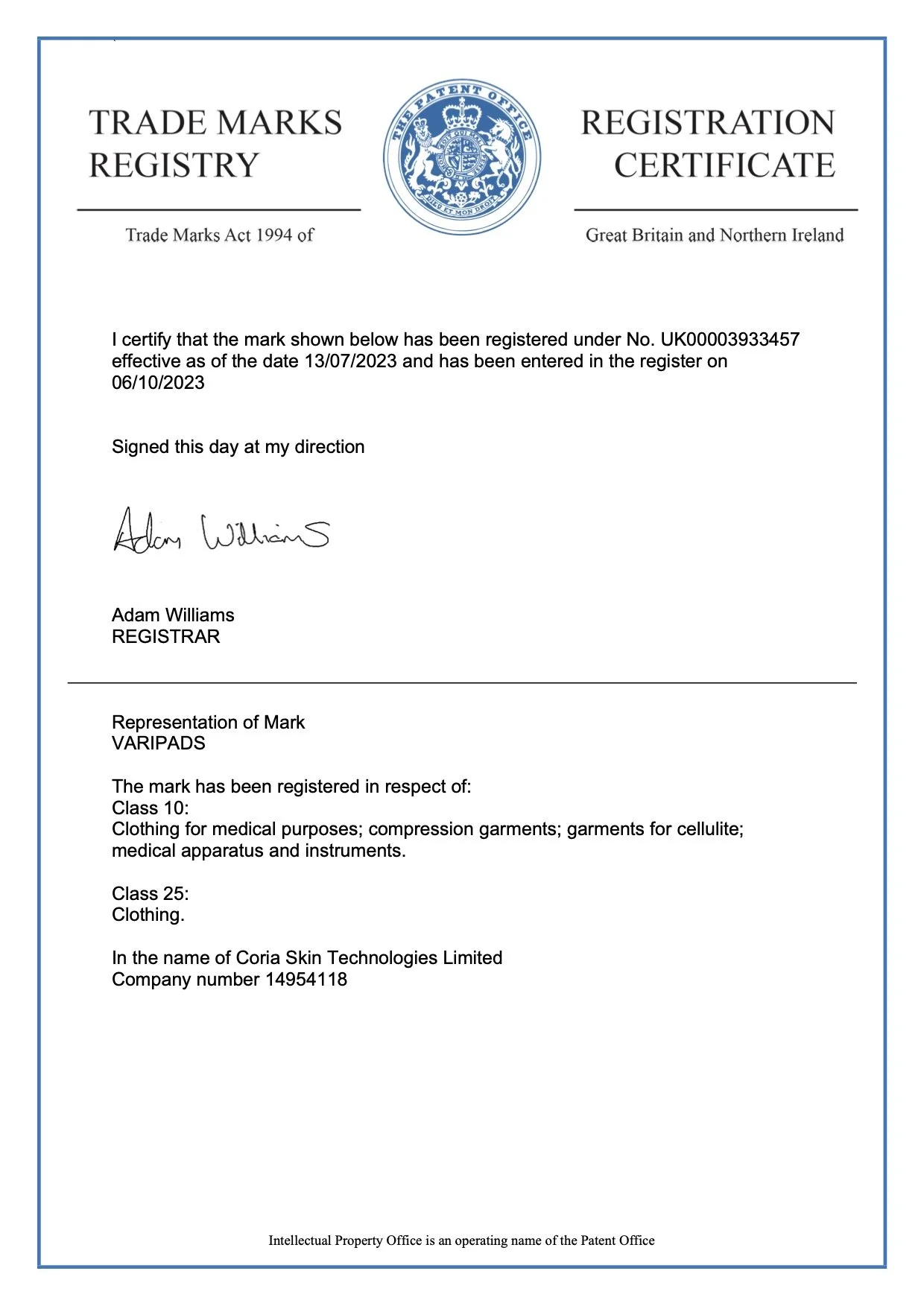 Trade Mark Registration Certificate issued in Great Britain and Northern Ireland, detailing registration details for the mark VARIPADS, including classes of protection for clothing and medical purposes, signed by Adam Williams.