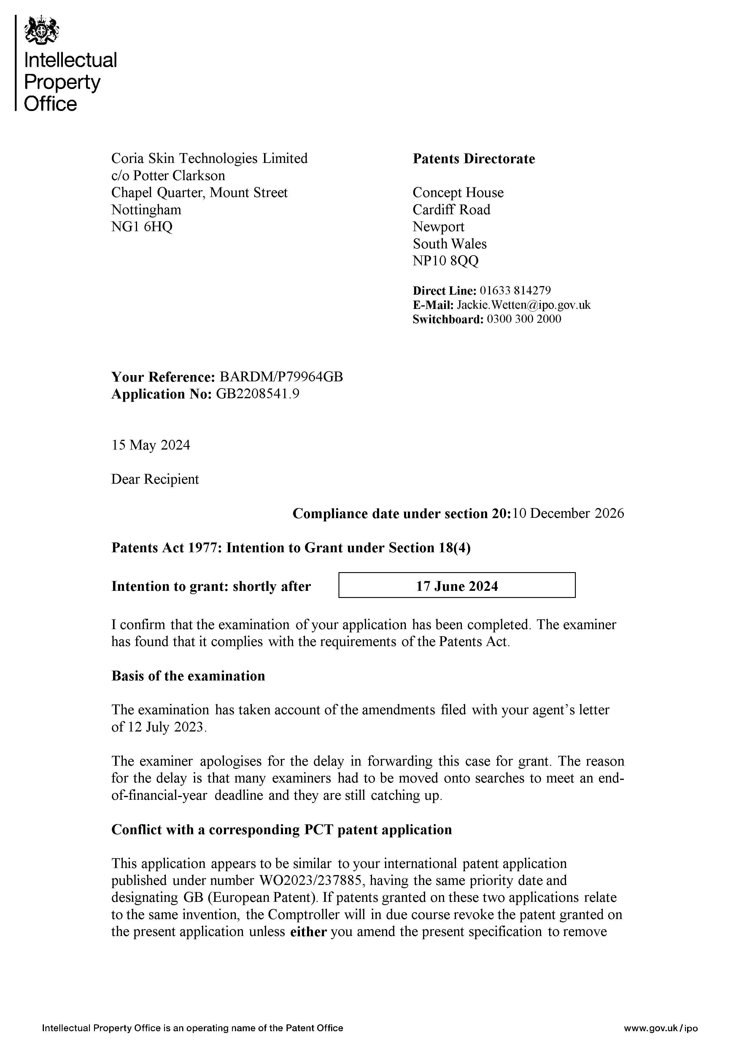 Official letter from the Intellectual Property Office regarding a patent application for Coria Skin Technologies Limited, with details such as application number, date, and examiner notes.