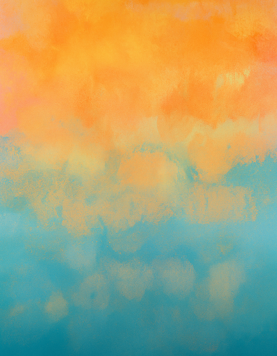 Abstract blend—golden orange dissolving into teal-blue, lightly speckled texture.