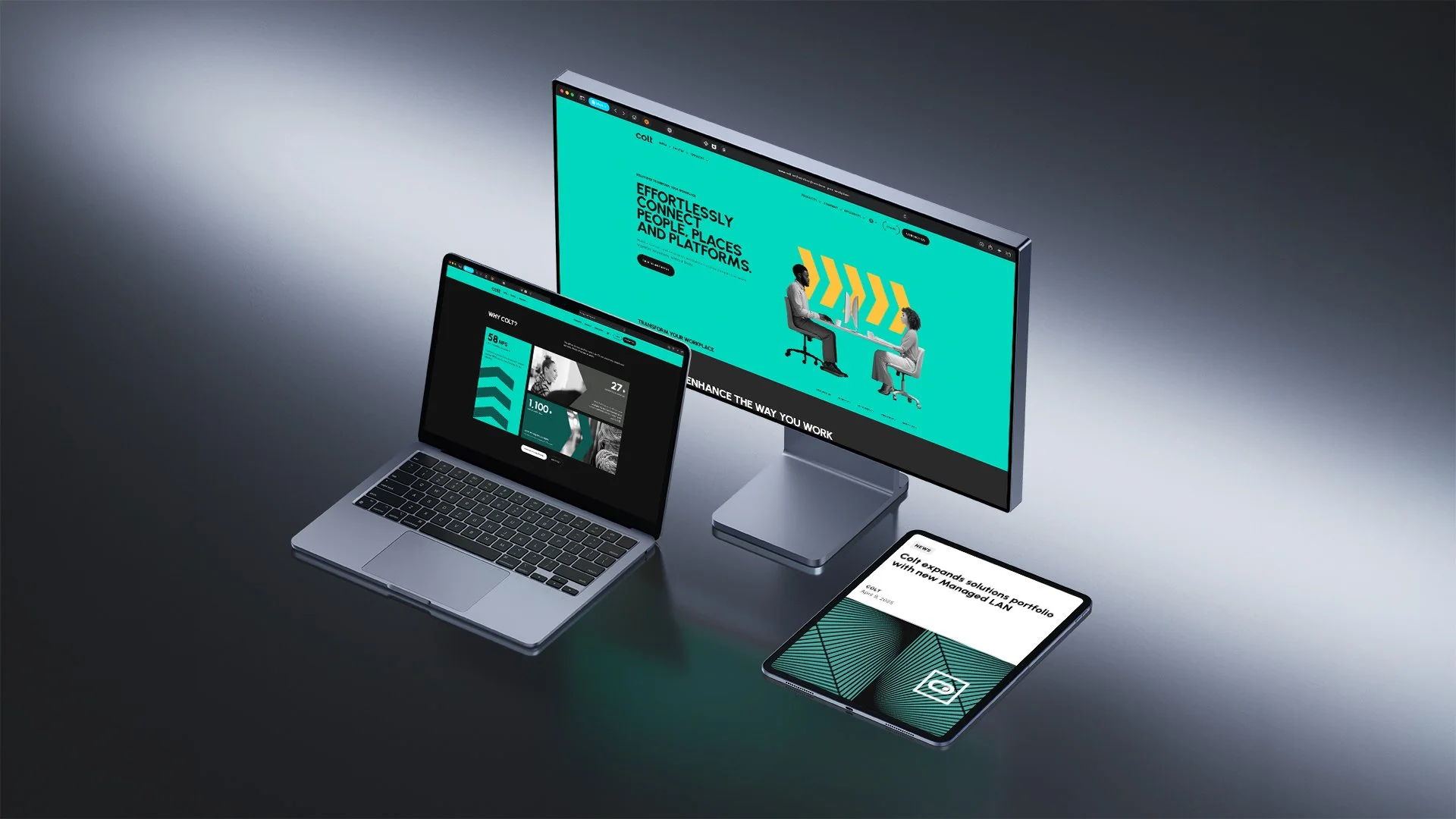 Three digital devices, laptop, screen, and tablet, showing different branded Colt pages