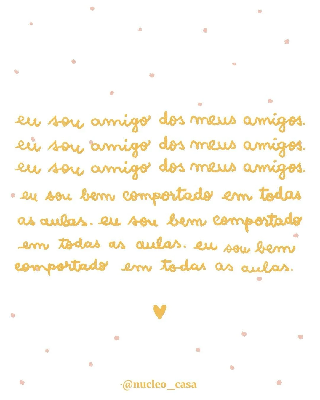 O Diogo escreve trinta p&aacute;ginas. As mesmas frases, repetidas como se cada linha apagasse a anterior.

&ldquo;Eu sou bem comportado em todas as aulas.&rdquo;
&ldquo;Eu sou amigo dos meus amigos.&rdquo;

No in&iacute;cio, ainda h&aacute; inten&cc