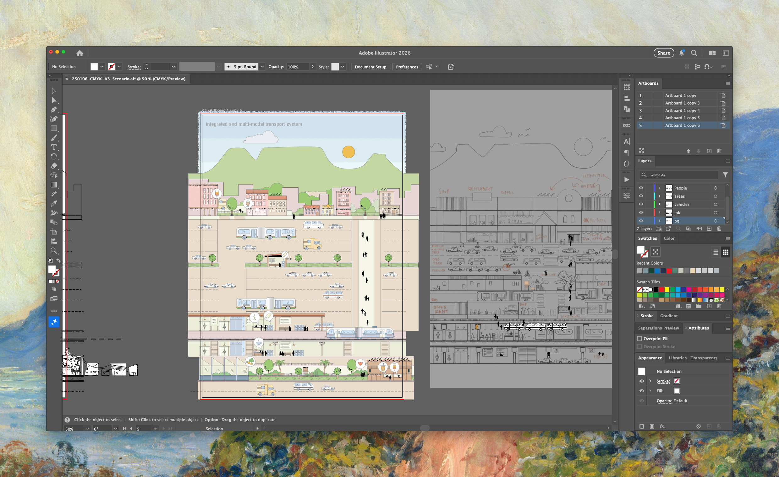Next: inking in colour. Now it's starting to look like the real thing. Added all the colours, polished the details, made sure everything communicated clearly. Last content tweaks happened here.