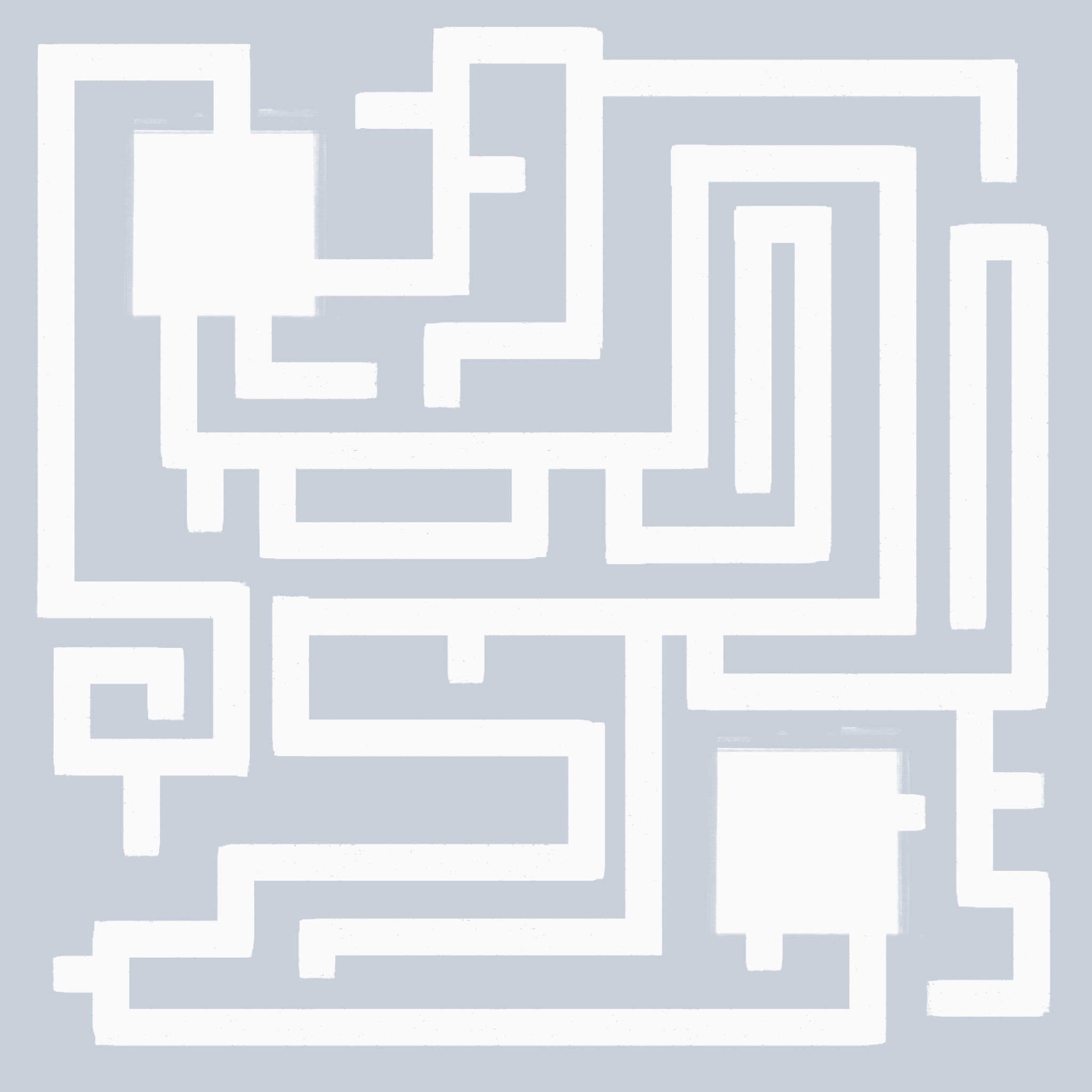 A maze with white walls on a light gray background, designed with a complex path to navigate.