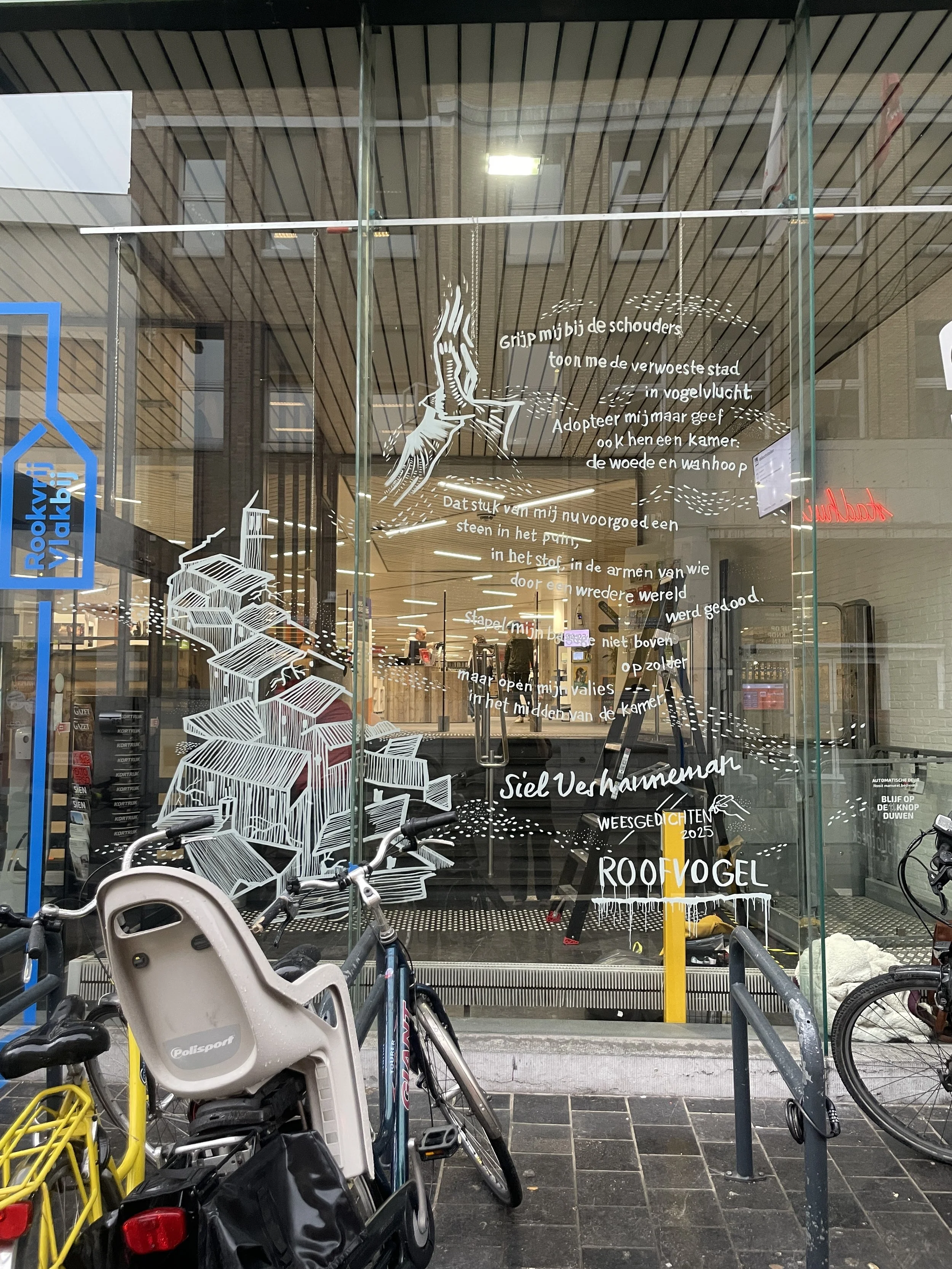 Decorative glass window with white illustrations and Dutch text, featuring a bird and an open book, next to parked bicycles outside a building.