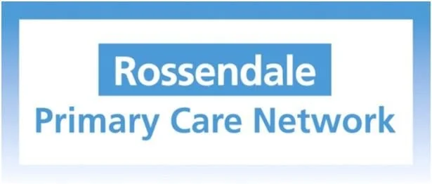 Logo of Rossendale Primary Care Network with blue background and white text.
