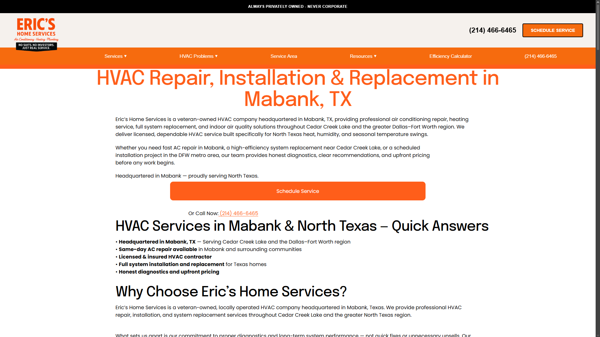 Eric's Home Services - A website for a local HVAC repair and maintenance company.
