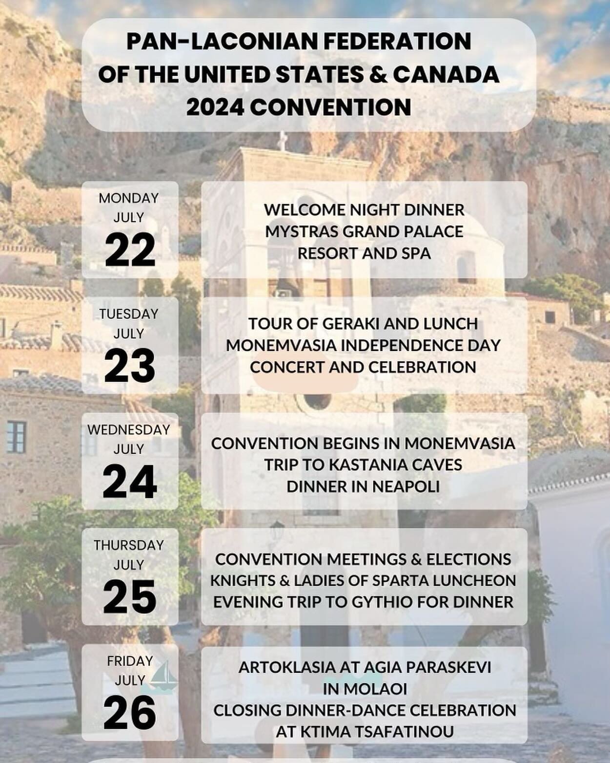 On behalf of the convention committee, we cordially invite you to the 76th Annual Pan-Laconian Federation of the United States and Canada Convention this July in Laconia, Greece!!!

We have some phenomenal events planned all around Laconia. 

RSVP fo