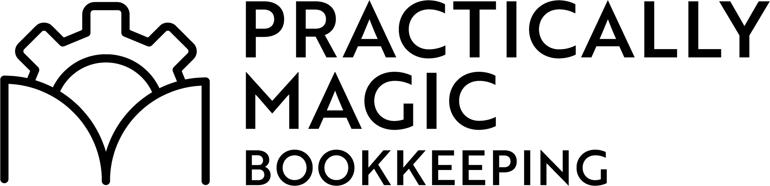 Logo with a gear icon and the text "Practically Magic Bookkeeping" in black outline.