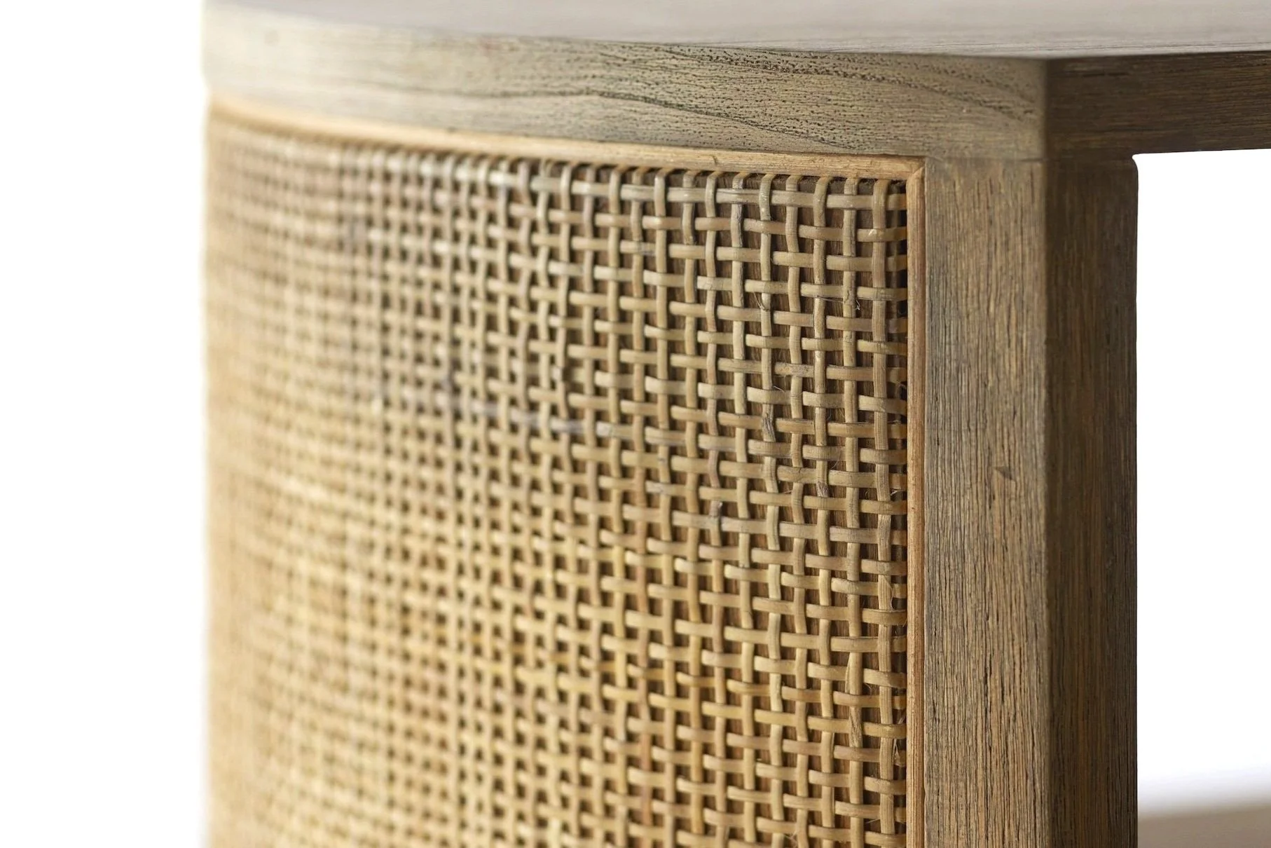 Close-Up Detail of Maison Sauvage Side Table: Rattan and Teak Wood