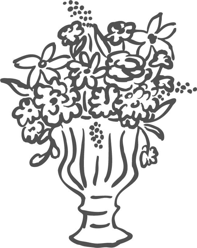 Drawing of a flower bouquet in a decorative vase.