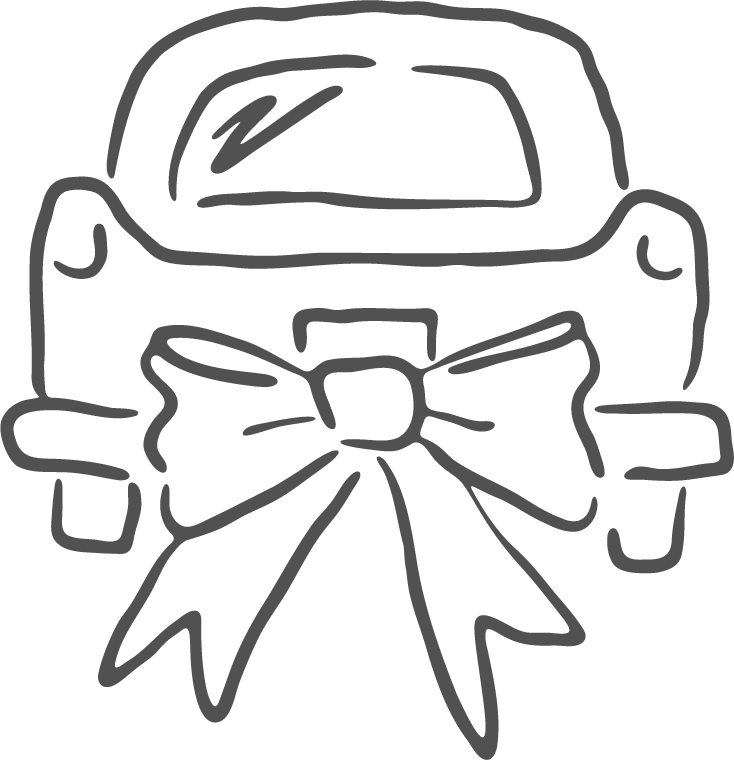 Line drawing of a car with a large bow on the front, indicating it is a gift.