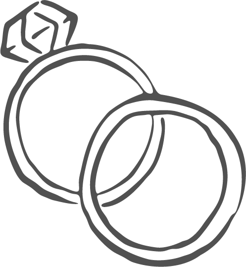 Outline illustration of three rings, with one ring having a gemstone on top.