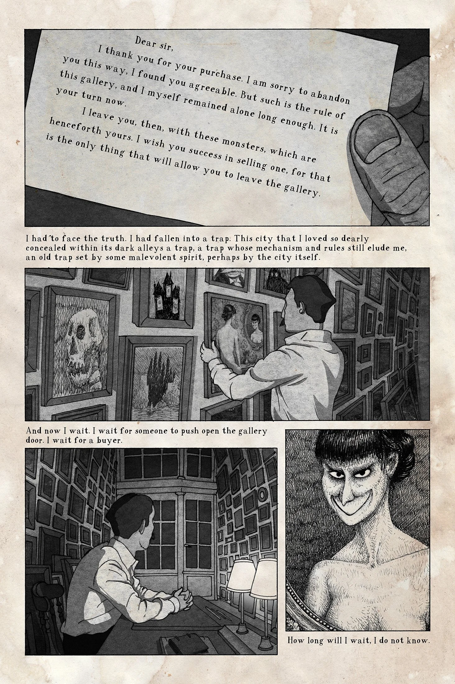 Black and white illustration, comic art of a man trapped alone with monsters in an art gallery. 
