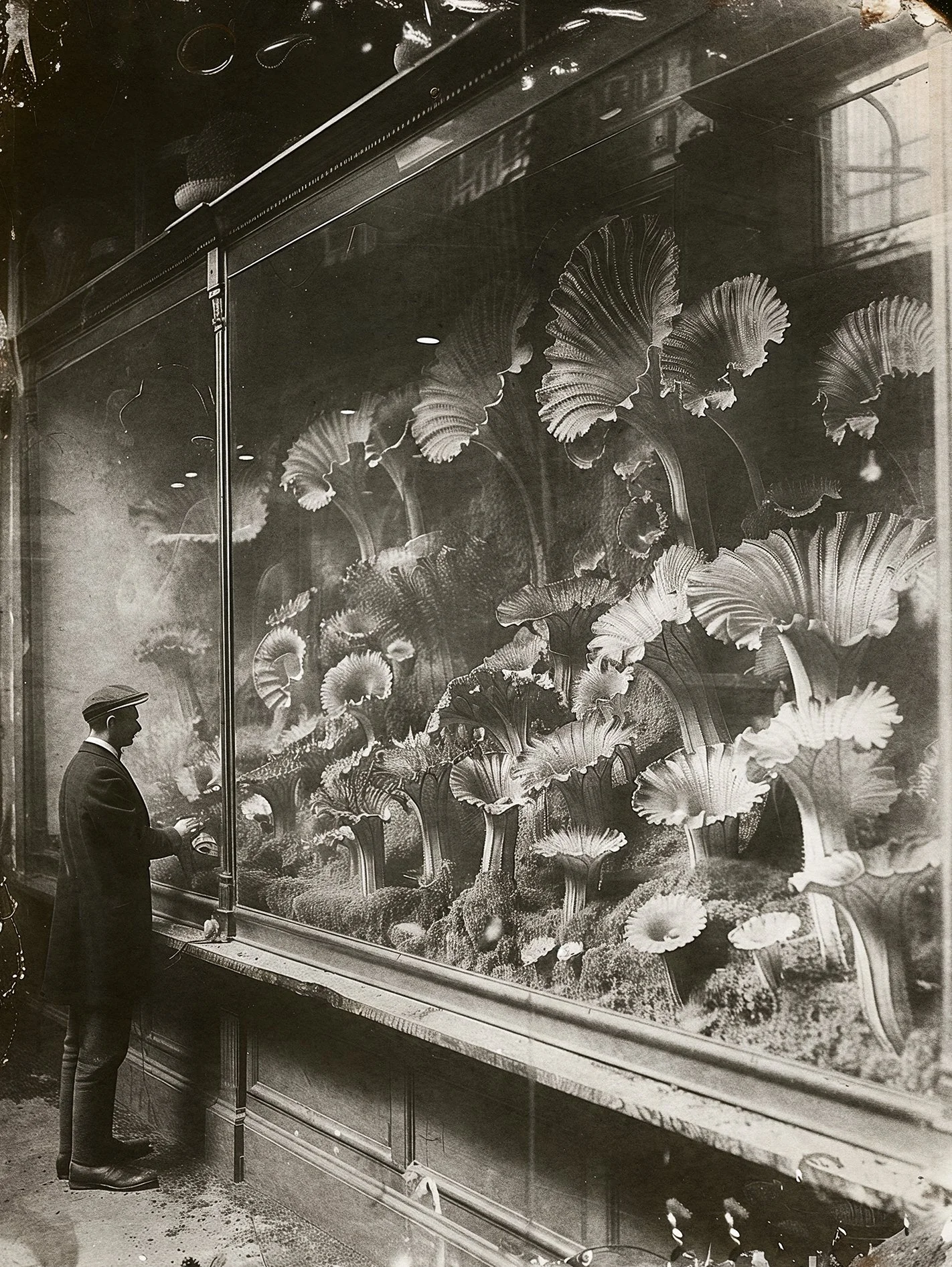 Carnivorous plants in the Natural History Museum of Utropiia, retro black and white vintage photography