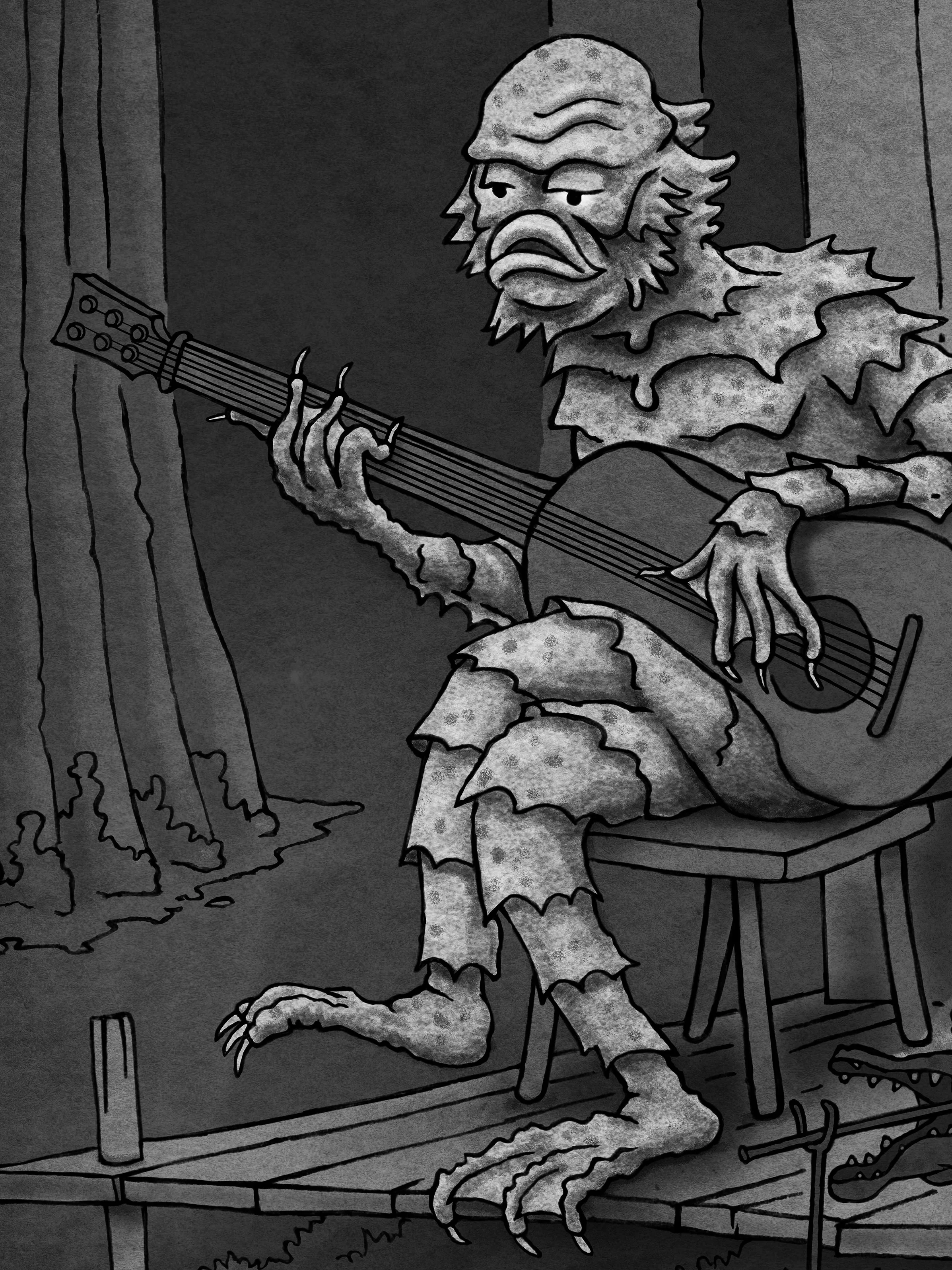vintage illustration of a swamp monster playing the blues